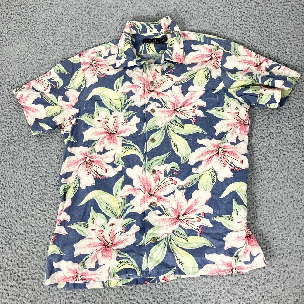 Polo Ralph Lauren Shirt Mens Medium Linen Hawaiian Floral Short Sleeve Camp